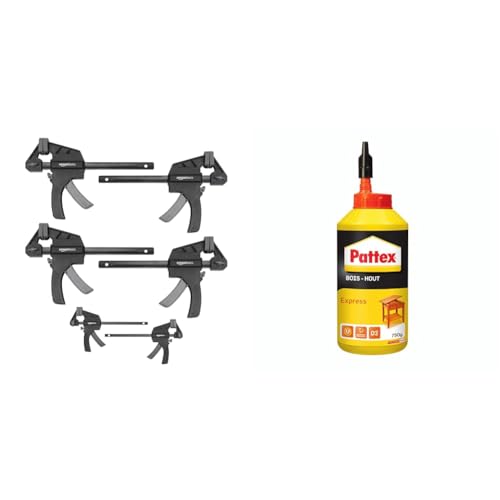 Amazon Basics Serre-joints une main Lot de 6-2 pièces 10,16 cm, 4 pièces 15,24 cm, Noir/Gris & Pattex | Colle Bois Express (biberon de 750 g) – Colle à bois transparente à séchage rapide