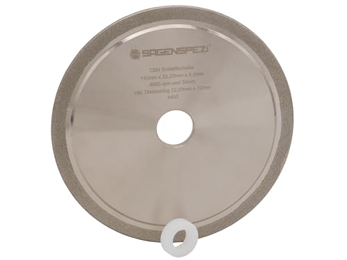 SÄGENSPEZI Disco abrasivo CBN de 145 × 22,23 × 3,2 mm – Disco afilado profesional para cadenas estándar y de carburo de tungsteno unido galvánicamente húmedo y seco, incluye adaptador de 12 mm