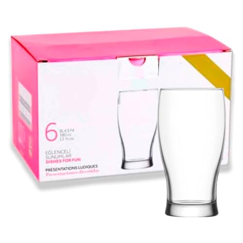 Tradineur - Caja de 6 Vasos Modelo Belek - Capacidad: 380 ml - Fabricado en Vidrio Resistente - Apto para lavavajillas - Tamaño Aprox: Ø 7 x 14 cm - 6 Uds Totales