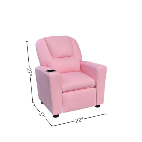 Image of Furnifact Marisa Pink PU Leather Youth Recliner with Cupholder for Kids 142 inch Seat Height 14 inch Width 106 inch Depth Bright and Fun for a Warm Lifestyle