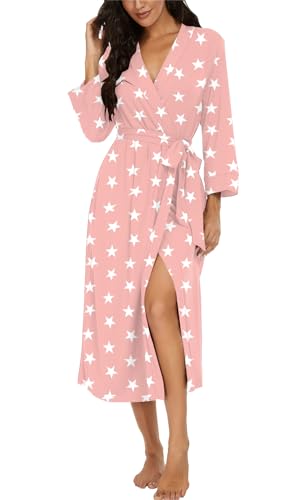 Image of VINTATRE Robes for Women Long Knit Bathrobe XS-4XL | 3 /4 Sleeve Bathrobes with Pockets, Stretchy and Lightweight Fabric, Inner Tie and Fixed Outer Matching Belt, Mid Calf Length
