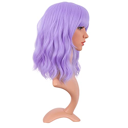 Image of MapofBeauty 14 Inch /35 cm Short Wavy Curly Women Fresh Bright Synthetic Ordinary Flat Bangs Bob Wig (Light Purple)