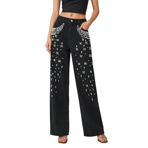 Jean droit femme décontracté perles pantalon confortable et platteur