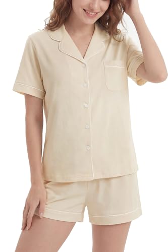 Image of LUBOT 100% Cotton Pajamas for Women 2 Piece PJ Set Button-Down Soft Knit Short Sleeve Summer Sleepwear Loungewear XS-XXL