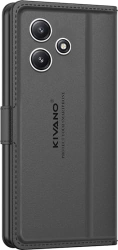 Image of KIVANO LUXE Compatible for Redmi 12 5G / Poco M6 Pro Luxury Handmade Leather Magnetic Flip Folio Case | Card Holder & Kickstand | Slim Protective Cover | Unisex - Black