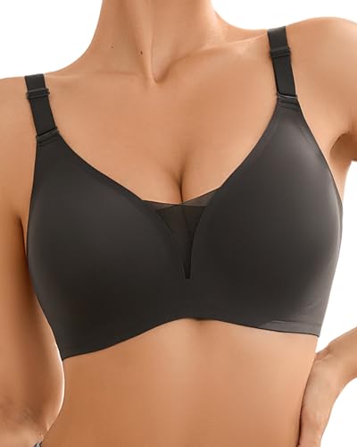 SHARICCA Sujetador para Mujer sin Aros - Moderno Escote en V de Malla Push up cómodo Sujetador Transpirable sin Costuras sin Aros Camiseta Sujetador Acolchado Bralette, Gris-1p01, M