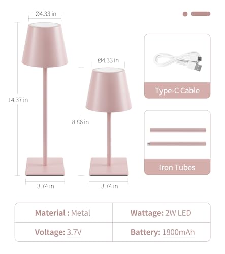 Image of UME 3 Pack Cordless Table Lamp, Battery Operated Lamp - Portable Waterproof Rechargeable Table Lamp w / 3 Color Temps & Stepless Dimming for Dinner, Desk, Cafe, Outdoor (Pink)