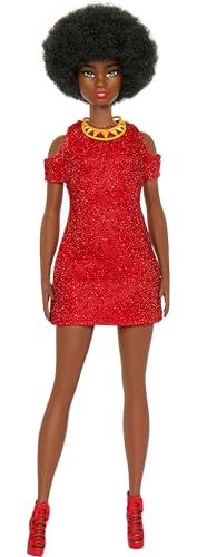 Image of Barbie Fashionistas Doll #221 with Natural Black Hair Wearing Removable Red Dress & Accessories, 65th Anniversary Collectible Toy