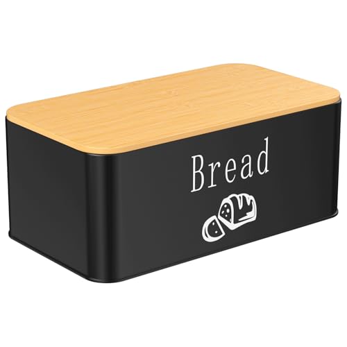 Amdoticknpf Panera para Pan, Paneras Diseño Vintage, 2 en 1 Panera de Metal, Caja de Pan con Tapa de Bambú Adaptable Como Tabla de Cortar, para Una Larga Frescura, 33 x 18,4 x 13 cm (Negro)