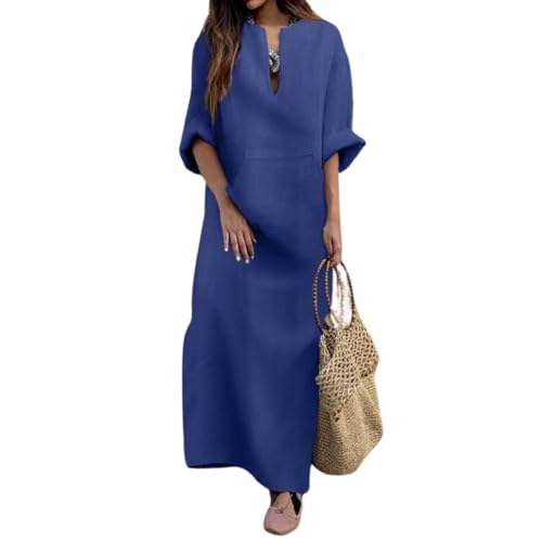 Women's Cotton Linen Striped Kaftan Dress V Neck 3/4 Sleeve Long Shift Shirt Dress Casual Loose Lightweight Summer Maxi Beach Cover Up with Pockets, Blue, S