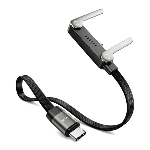 Image of 240W Type C Cable, 2 in 1 Fast Charging Braided USB C to USB C Cable with Foldable Stand, 90 Elbow Design for Gaming, Nylon Braided, 1.5M, Black