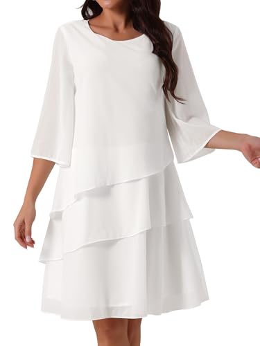 Image of Seta T Women's Chiffon Dresses 3 /4 Bell Sleeve Crewneck Tiered Layered Flowy Dress Party Wedding Outfits