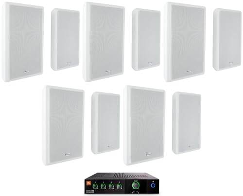 Audiosavings Bundle: (1) JBI CSMA180 80w Commercial 70v Amplifier Mixer for Restaurant/Bar/Cafe Bundle with (5) Pair Rockville RockSlim 70W White 5.25