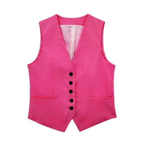 Chaleco de Traje para Mujer con Cuello en V y Botonadura Simple, Color Rojo Rosa, Ajustado, Corto, asimétrico, Delgado, sin Mangas