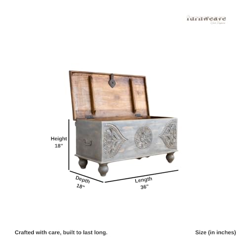 Image of Devin Wooden Trunk Box for Storage | Solid Wood Coffee Table for Living Room | Center Coffee Table with Storage | Front Wooden Carved Sandook Pitara for Home Decor & Bedroom (Grey Distress)