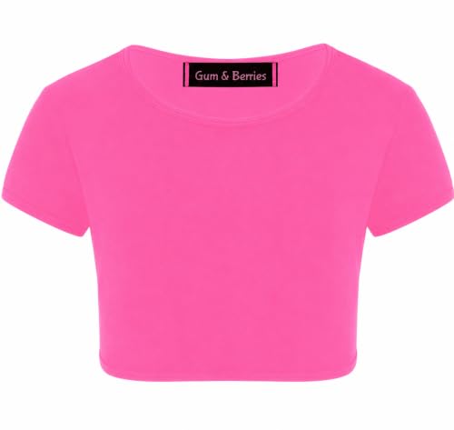 Image of Kids Girls Neon Fluorescent Plain Short Sleeve Crop Tops T-Shirt Tee Top Dance Wear Gymnastic Fancy Dress Age 3-14 Years