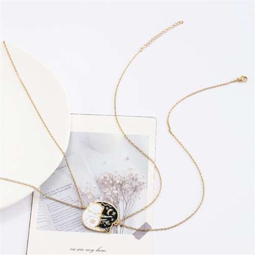 Image of Charm Stainless Steel Black White Cat Necklace 2Pcs Matching Couple Pendant BFF Jewelry Gift for Women