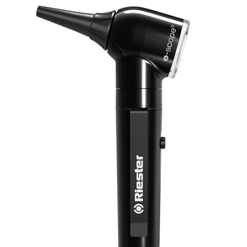 Riester e-Scope Otoscope Fiber Optic 3.7V LED Light, Ear Scope with Light, AA Battery Handle, Case Included, Pocket Sized, Black, 2111-203