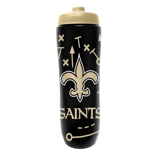 Image of Party Animal NFL Football Squeeze Bottle, 32 oz, New Orleans Saints | Slim, lightweight BPA-free sports water bottle with quick-flow squeeze; fits backpacks & cup holders for kids or adults