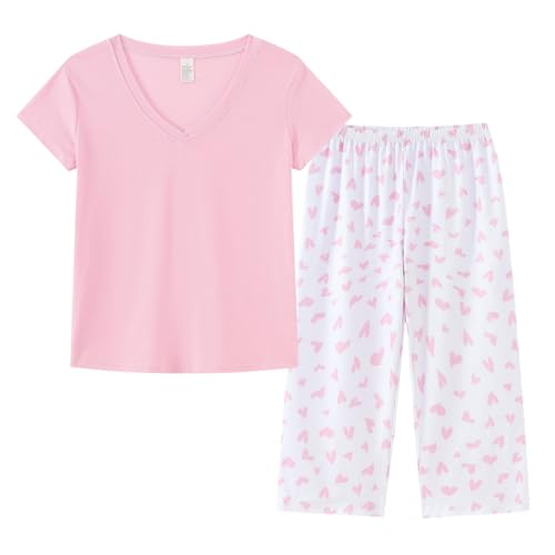 Image of YIJIU Women Soft Comfy Pajamas Cute Cat Short Sleeve Capri Pants PJS Set