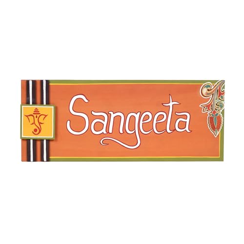 Image of Aakriti Art Creations Orange Madhubani Handcrafted Folk Art MDF and Wood Nameplate for Entrance | Personalised Door Sign | Customised Name Plate for House, Apartment and Gifting