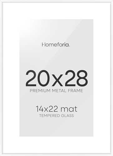 Image of Homeforia 20 x 28 Picture Frame White, High End Metal 20x28 Poster Frames with Mat 14x22 for Photo, 20 x 28 White Frame Matted to 14 x 22 Print, 28x20 Hanging Frame, Tempered Glass, Wall Kit, Set of 2