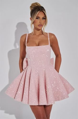 Sparkly Sequin Homecoming Dresses for Teens Square Neck Short Prom Cocktail Party Dress with Bow3