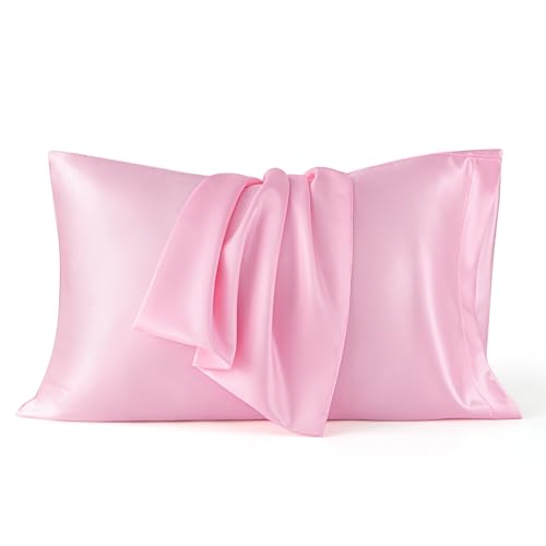 Image of Bedsure Satin Pillowcase for Hair and Skin Queen, Similar to Silk Pillow Cases, Valentine Pillow Covers Set of 2 with Envelope Closure, Pink Room Decor Essentials, Gifts for Women Girls 20x30 Inches
