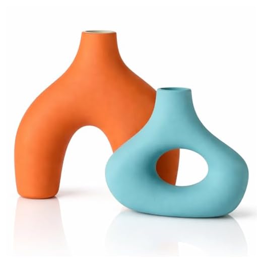 Patelai Set of 2 Mid Century Modern Decor Ceramic Donut Vases, Nordic Boho Round Matte Finish Decor for Home Dining Room Living Room Office Bedroom Shelf(Orange Blue)