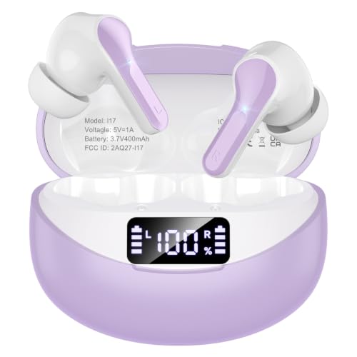 Image of Wireless Earbuds, Bluetooth 5.3 Headphones HiFi Stereo 50H Playback LED Digital Display Ear Buds with ENC Noise Canceling Headset, IPX7 Waterproof Earphones for Gym /Running /Work(Light Purple)