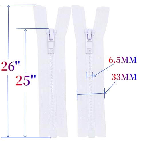 Image of MebuZip 2PCS #5 25 Inch Separating Jacket Zippers Resin Zipper Molded Plastic Zippers Bulk for Sewing Coat Jackets Clothes (White)