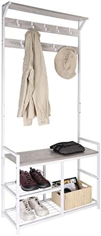 HOMEKOKO Coat Rack Shoe Bench, Hall Tree Entryway Storage Bench, Wood Look Accent Furniture with Metal Frame, 3-in-1 Design (White & Greige)