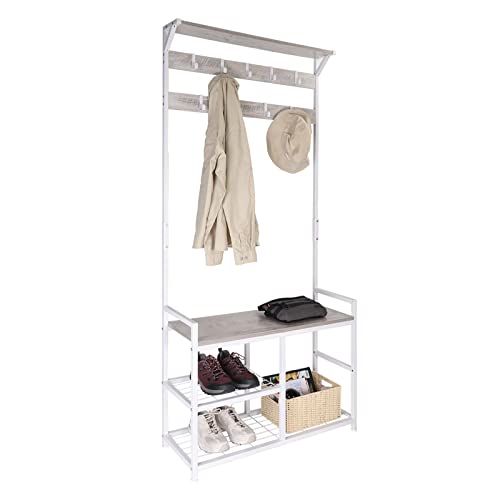 Homekoko Coat Rack Shoe Bench, Hall Tree Entryway Storage Bench, Wood Look Accent Furniture With Metal Frame, 3-In-1 Design (White & Greige) #TOP3