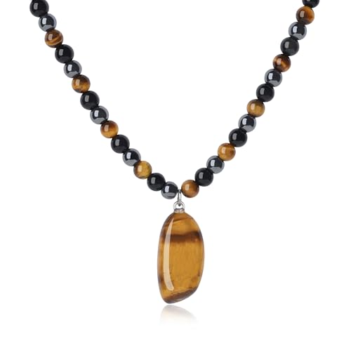 GAVU Triple Protection Beaded Necklace - Men's Life Tree Beaded Hematite Tiger Eye Obsidian Necklace