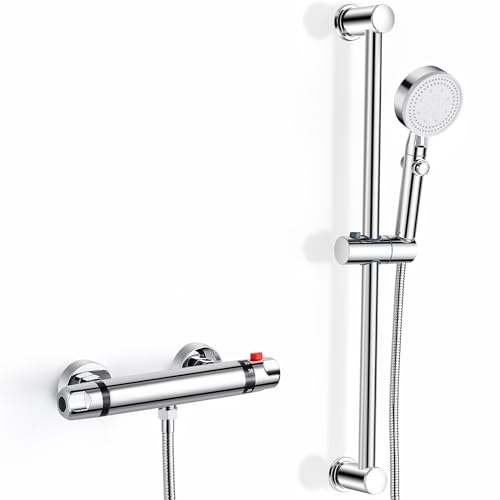 Thermostatic Shower Mixer Kit Wall Mounted Thermostatic Shower Valve with Adjustable Riser Kit,38°C Safety Lock Anti Scald, Chrome Modern Shower Set