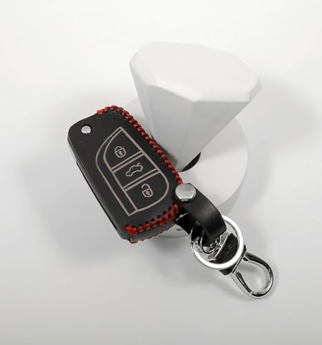 Image of Leather Smart Car Key Cover Case with Metal Hook Keychain for Toyota Corolla Altis Innova Crysta (Black)