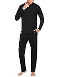 Aseniza Herren Schlafanzug Lang 100% Baumwolle Zweiteiliger Pyjama mit Unifarbenem Langarmshirt und Pyjamahose,Schwarz,S