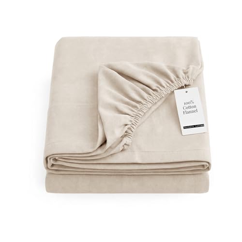 Image of Tribeca Living King Flannel Fitted Sheet 170 GSM Brushed Cotton - Extra Deep Pocket Fits Mattresses up to 24 Inches - Warm and Cozy for Cold Nights in Ivory
