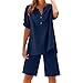 BXJX Two Piece Sets for Women 2025 V Neck Button Down Tops Gauze Bermuda Shorts Summer Beach Vacation Lounge Outfits women beach fashion Navy XL