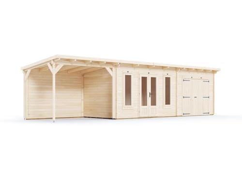 Dunster House Wooden Log Cabin with Gazebo Extension W10m x D2.5m / W32'6" x D8', 4mm Toughened Glass, 19mm Tongue and Groove Floor and Roof, Floor, Superfelt and Fixings Included