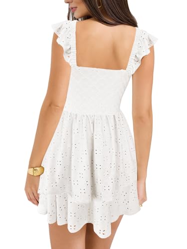 HESUUIO Women's Summer Mini Dress Elegant Backless Hollow Out Eyelets Layered Flowy Swing Short Party Dress Casual Sundress3