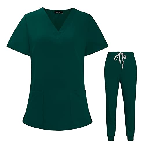 Scrubs Set for Women Joggers V-Neck Pocket Top Uniforms (Green, XL)