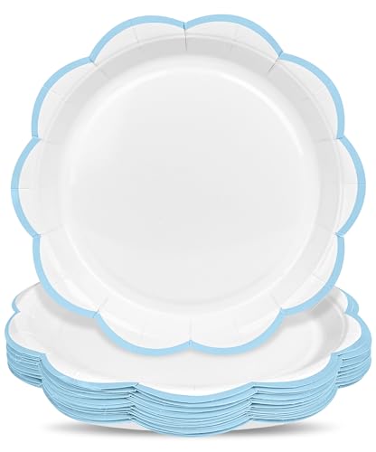 ZUQMZUQ 30 Pcs Blue and White Paper Plates, 9 Inch Baby Shower White Dinner Plates, Baby Blue Scalloped Cake Dessert Paper Plates Party Supplies for Baby Boy Shower, Wedding, Birthday, Bridal Shower