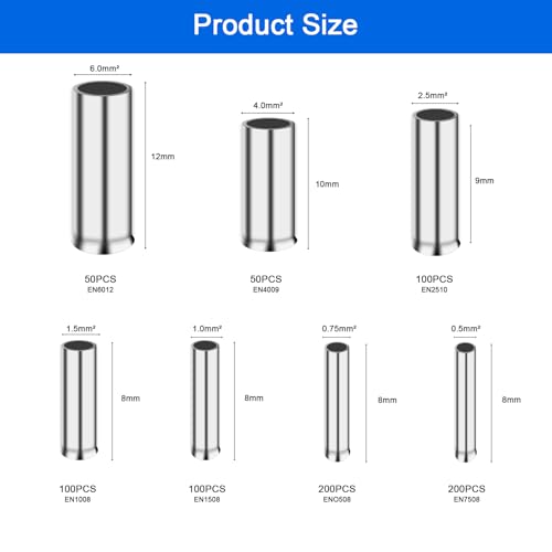 800 Stück Aderendhülsen Set, Unisoliert Aderendhülsen Sortiment, Adernendhülsen, 10-22 AWG Kabelhülsen Quetschhülsen Kabelendhülsen für DIY elektrische Projekt, 0,5/0,75/1/1,5/2,5/4,0/6,0mm²