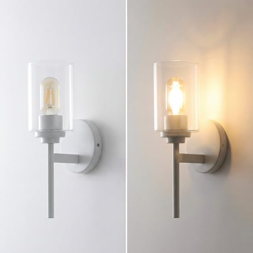 Image of JONATHAN Y 13 inch White Clear 1-Light Metal Cylinder Wall Sconce Farmhouse Industrial Modern Indoor Lighting for Hallway Bathroom with Glass Shade LED Bulb Included JYL9547E