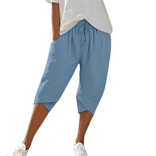 Pantalones cortos para mujer, pantalones de jogging de verano, pantalones rectos, pantalones de pierna ancha, pantalones harén, pantalones de lino, pantalones de exterior, elásticos, cintura alta