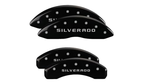 Image of MGP Caliper Covers 14005SSILBK 'SILVERADO' Engraved Caliper Cover with Black Powder Coat Finish and Silver Characters, (Set of 4)