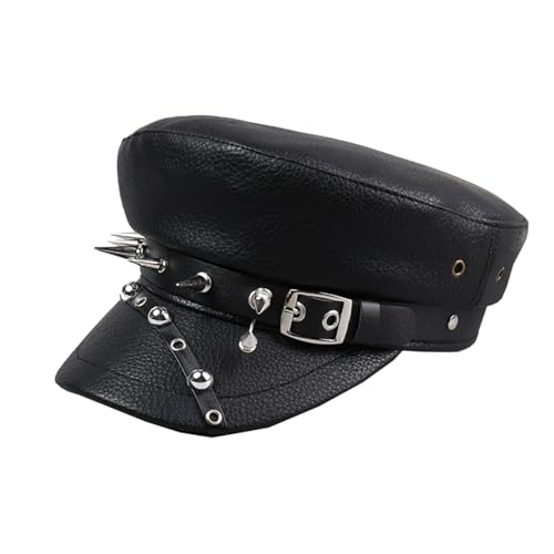 Damen Newsboy Cap Schwarz aus PU-Leder Teens Punk Goth Cross Cap...