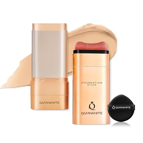 QIANWHITE Korean Foundation Stick Foundation for Mature Skin Tint, Buildable Light to Full Coverage Foundation Makeup Concealer, Dual-Ended with Brush for All Skin - Natural Dewy Finish (LIGHT SKIN)