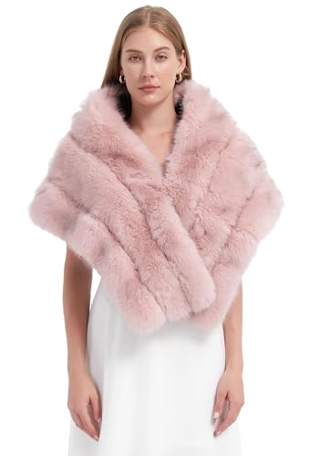DJBM Women Luxury Faux Fur PU Leather Shawl Winter Fluffy Cover Up Wraps for Wedding Bridal Party